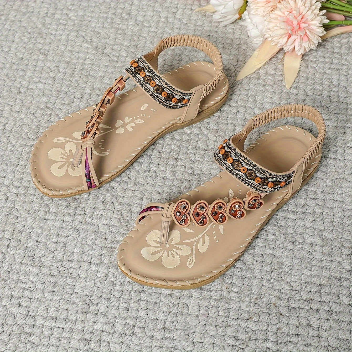 Women's Boho Embellished Flat Sandals – Toe Post Rhinestone Beaded Summer Beach