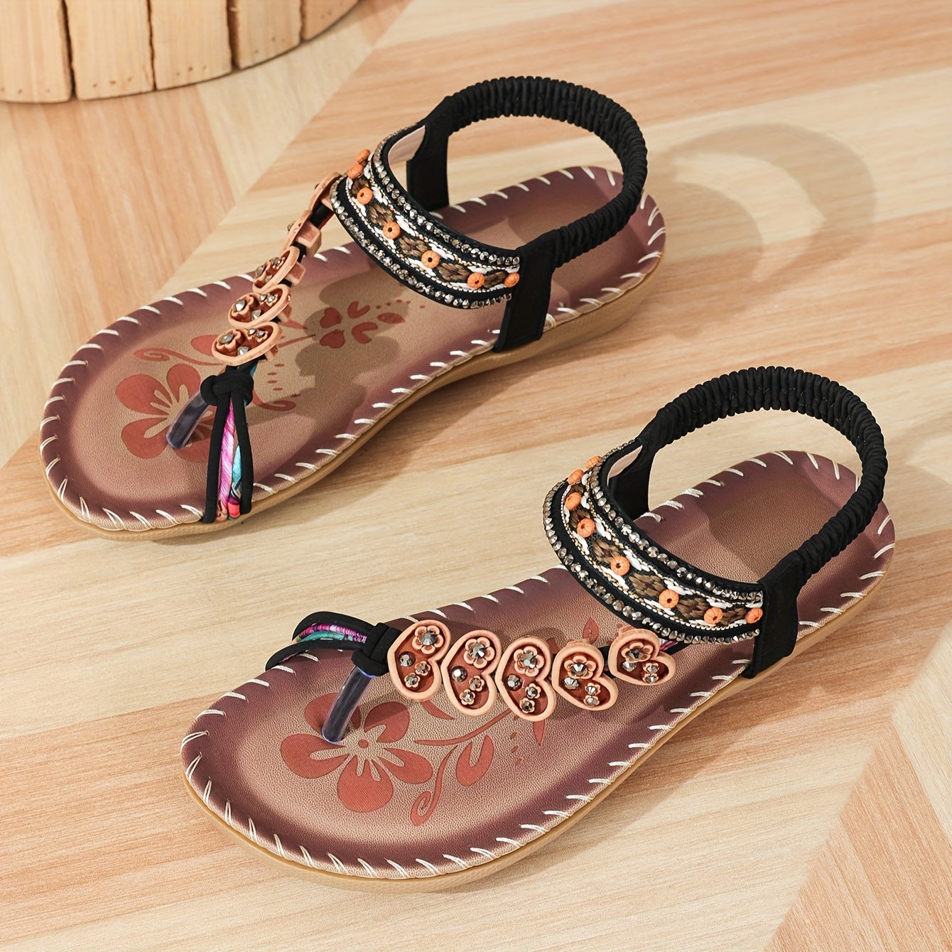 Women's Boho Embellished Flat Sandals – Toe Post Rhinestone Beaded Summer Beach