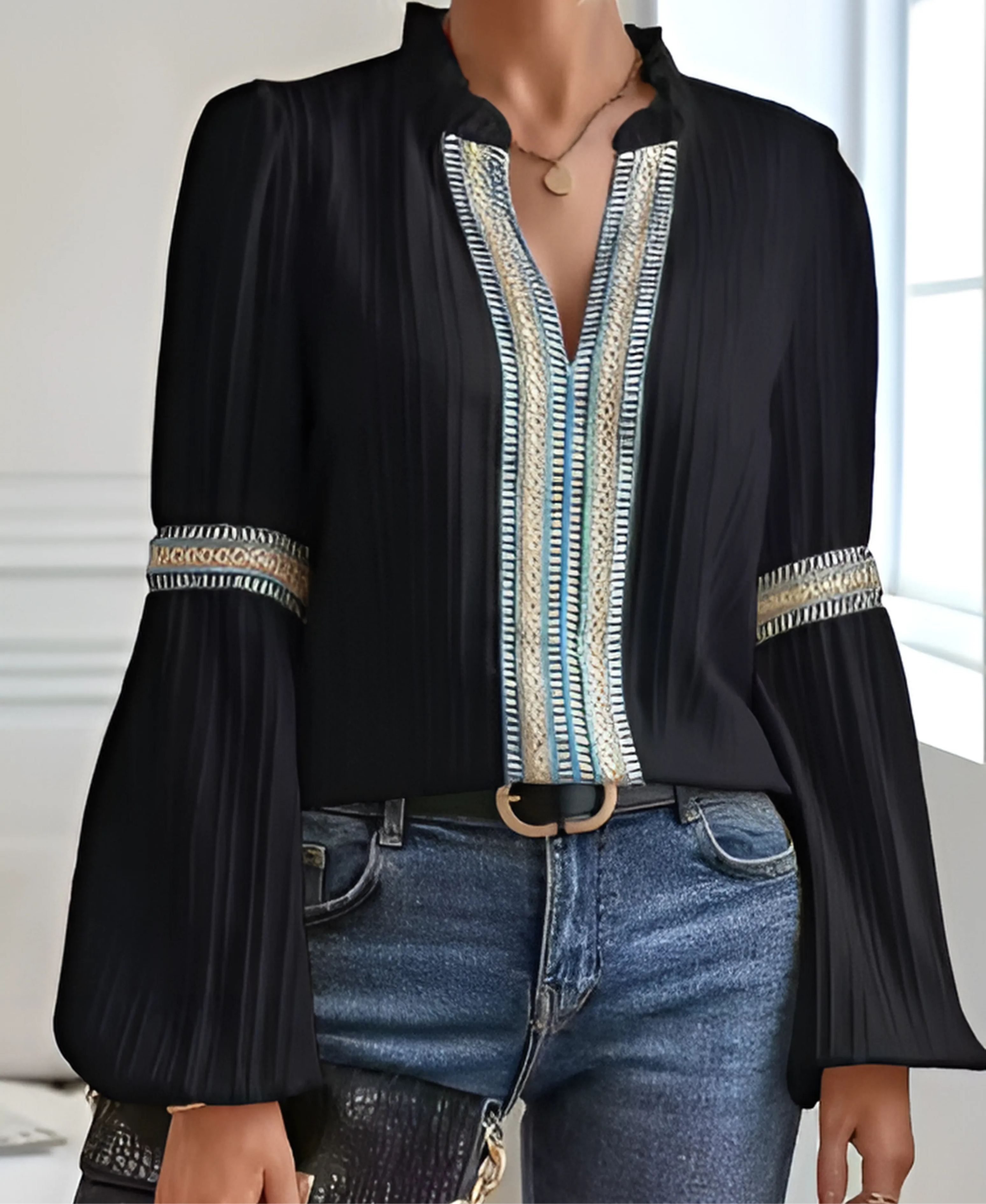 Women's Boho Embroidered Blouse – V Neck Ruffle Collar Balloon Sleeve Casual