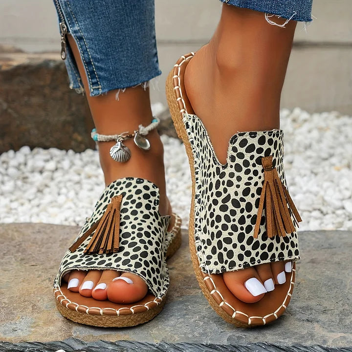 Women's Boho Ethnic Print Slide Sandals – Open Toe Tassel Flat Woven Sole