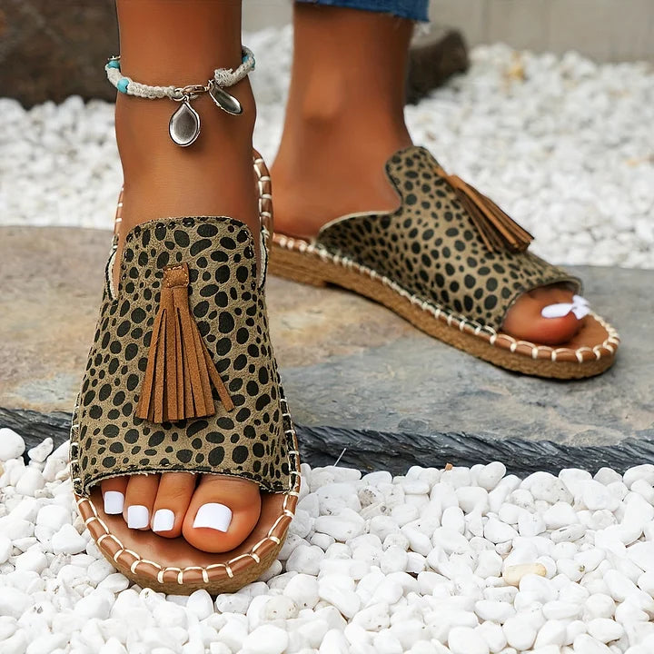Women's Boho Ethnic Print Slide Sandals – Open Toe Tassel Flat Woven Sole