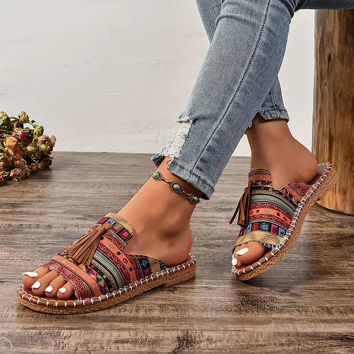 Women's Boho Ethnic Print Slide Sandals – Open Toe Tassel Flat Woven Sole