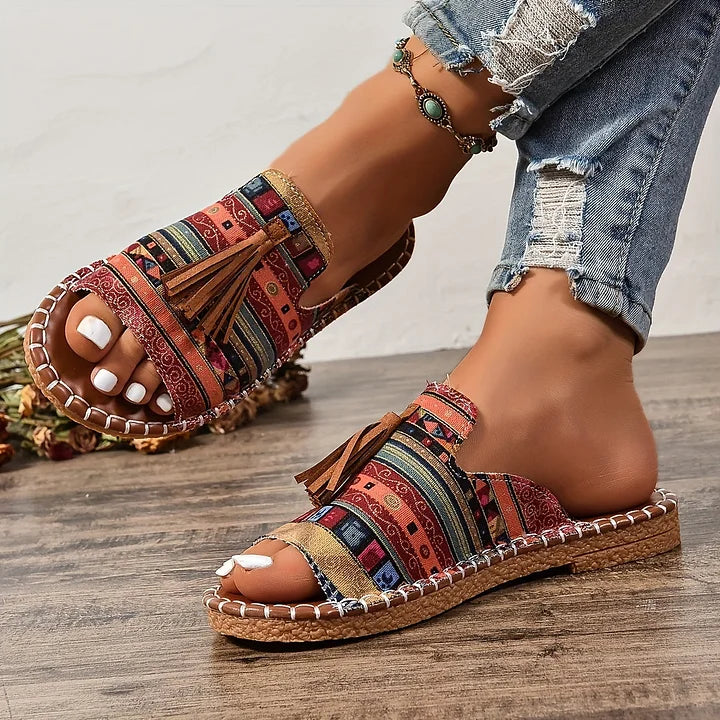 Women's Boho Ethnic Print Slide Sandals – Open Toe Tassel Flat Woven Sole
