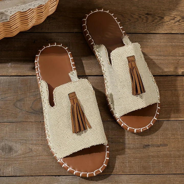 Women's Boho Ethnic Print Slide Sandals – Open Toe Tassel Flat Woven Sole