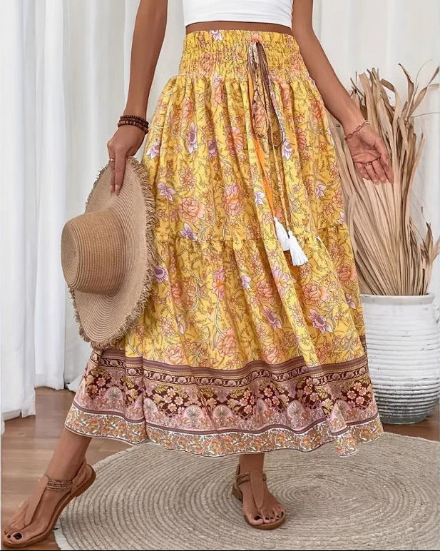 Women's Boho Floral Maxi Skirt – Smocked Drawstring Tiered Border Summer