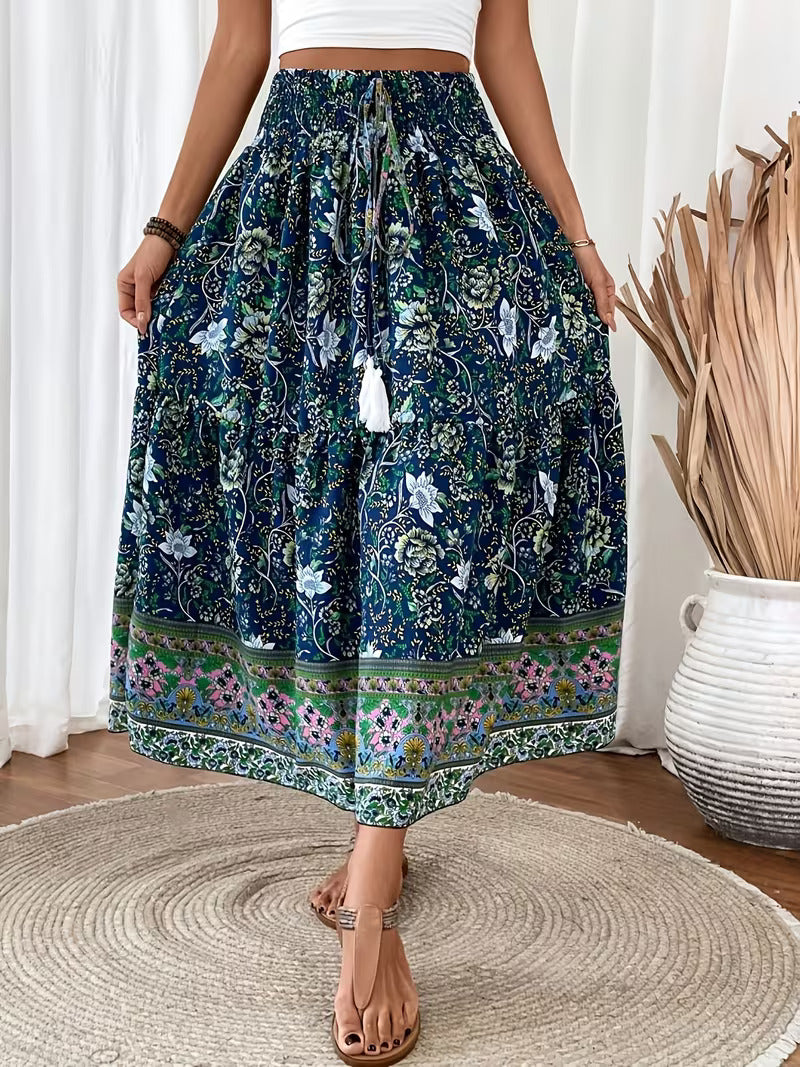 Women's Boho Floral Maxi Skirt – Smocked Drawstring Tiered Border Summer