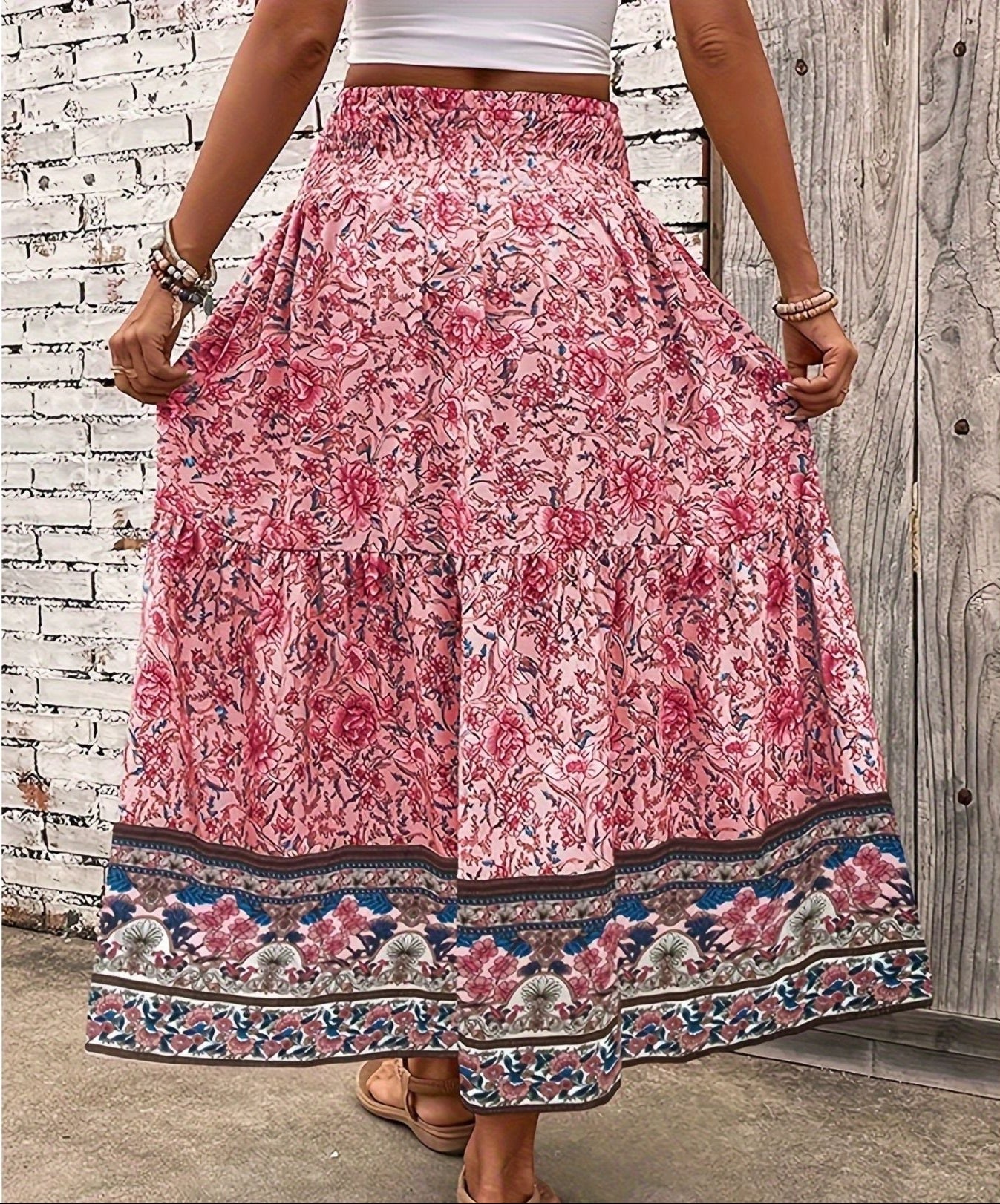 Women's Boho Floral Maxi Skirt – Smocked Drawstring Tiered Border Summer