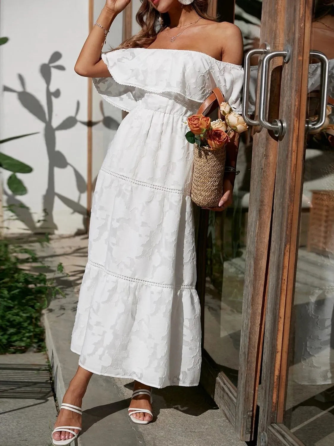 Women's Boho Jacquard Midi – Off Shoulder Ruffle Tiered Lace Trim Dress