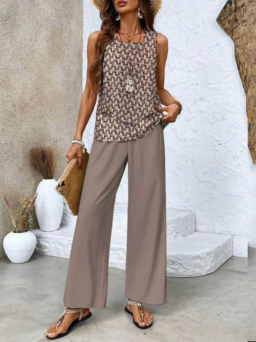 Women's Boho Leaf Print Tank Top and Wide Leg Pants – Layered Hem 2 Piece Set