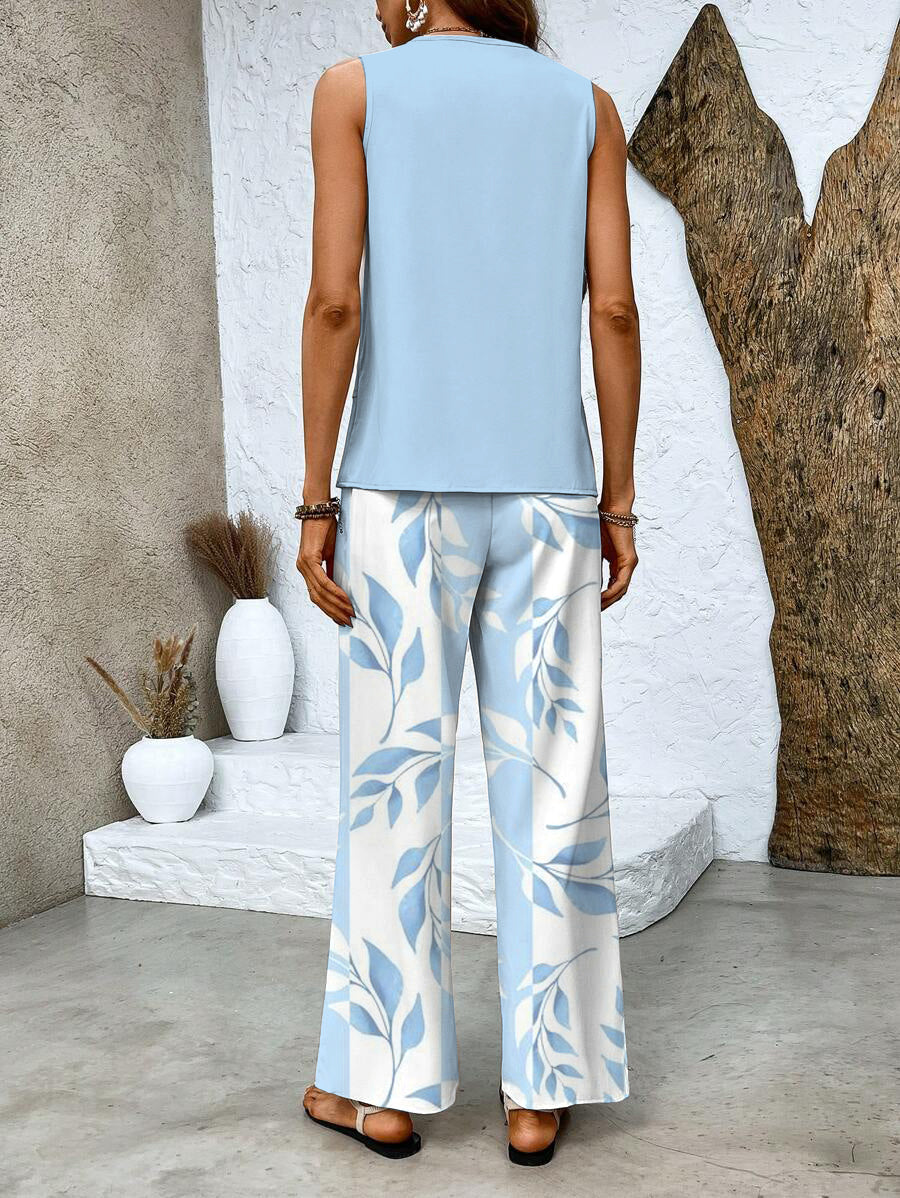 Women's Boho Leaf Print Tank Top and Wide Leg Pants – Layered Hem 2 Piece Set