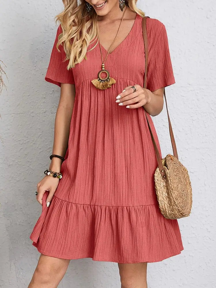 Women's Boho Mini Dress – V Neck Short Sleeve Crinkle Ruffle Hem Summer Casual
