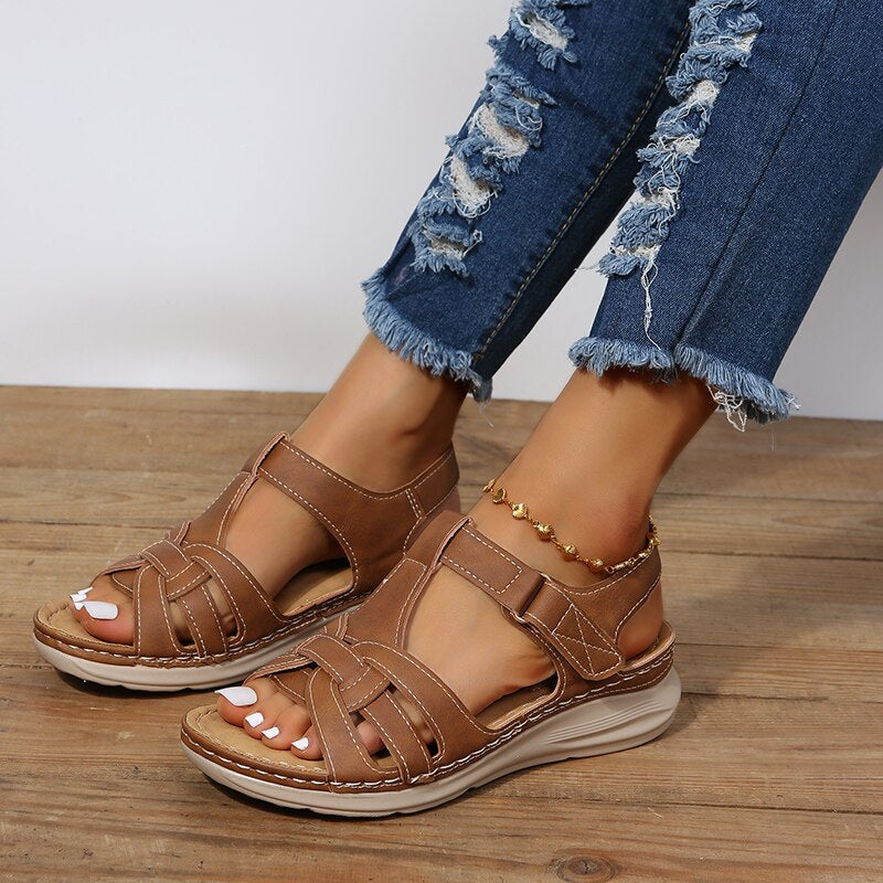 Women's Boho Open Toe Woven Strap Sandals – Hook Loop Wedge Platform Casual