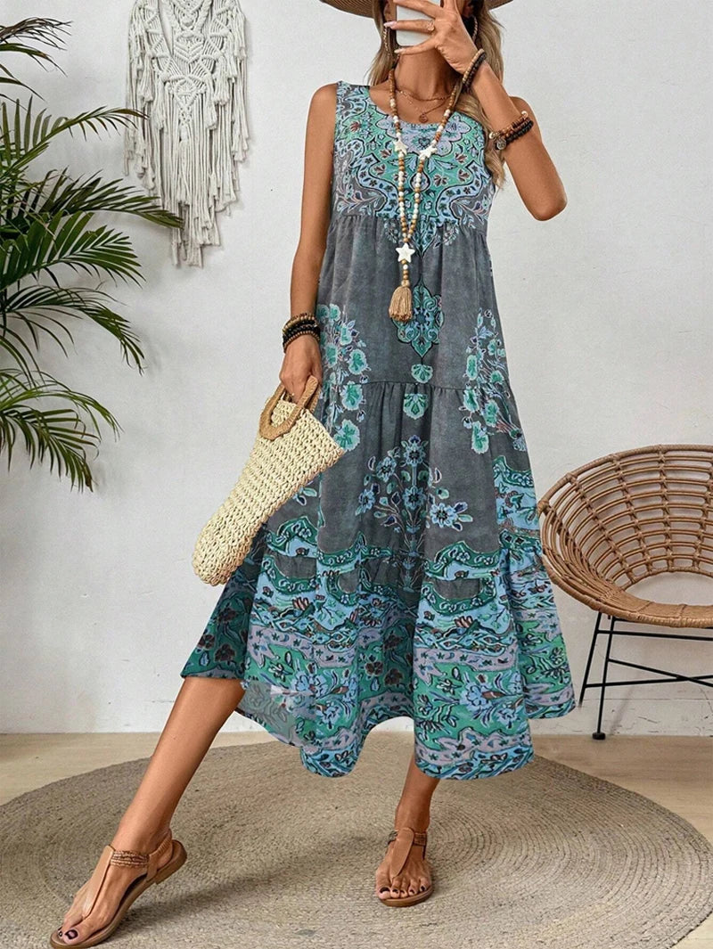 Women's Boho Paisley Floral Midi Dress – Sleeveless Tiered Summer Vacation