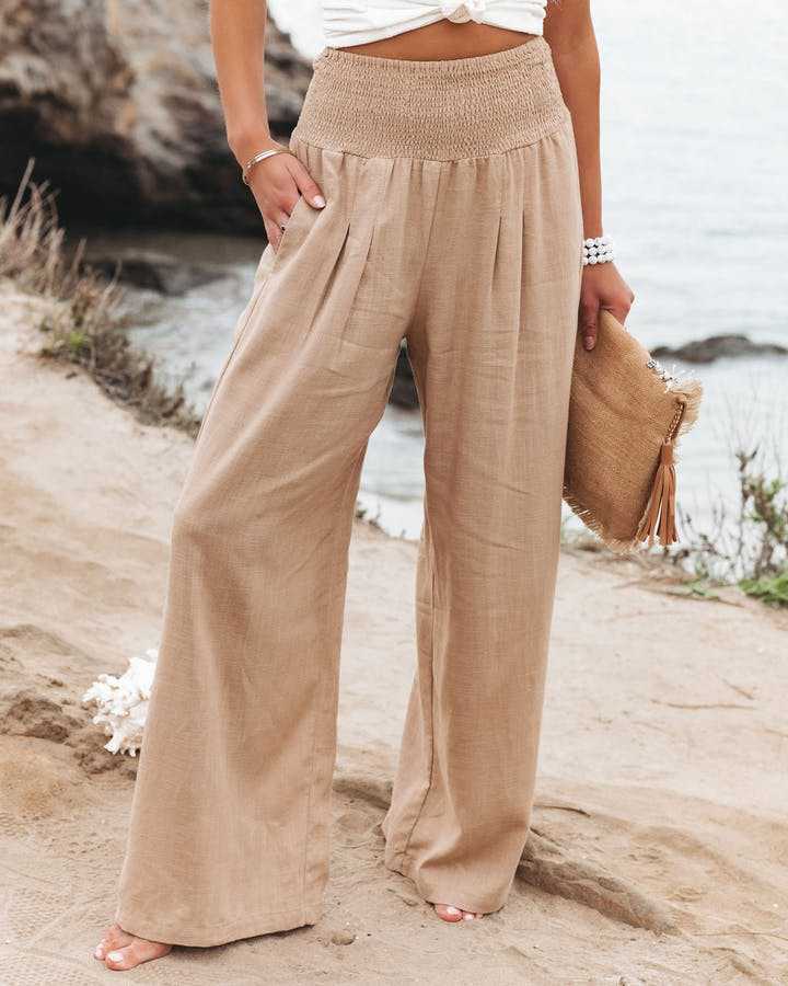 Women's Boho Smocked High Waist Wide Leg Pants – Pleated Beach Vacation
