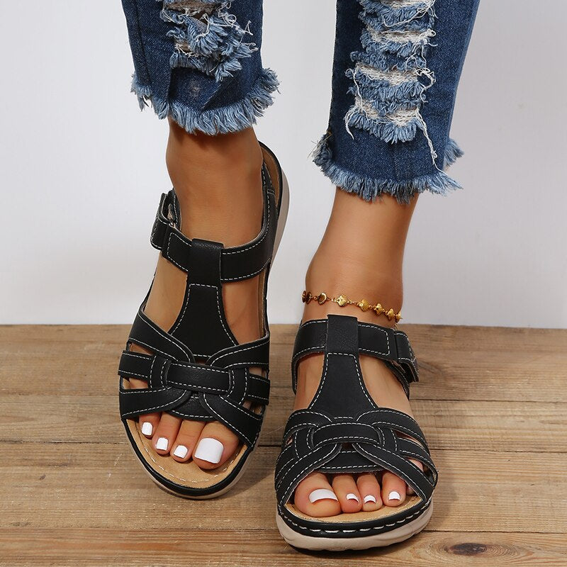 Women's Boho Solid Sandals – Open Toe Woven Strap Hook Loop Summer Flat
