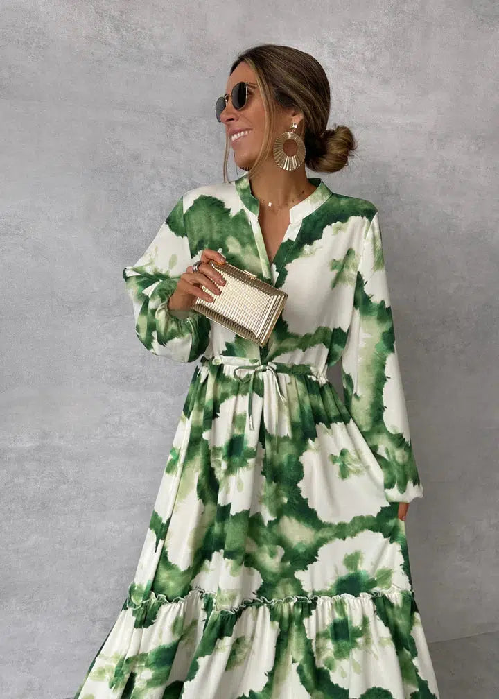 Women's Boho Tie Dye Maxi – V Neck Long Sleeve Tiered Wedding Guest Dress