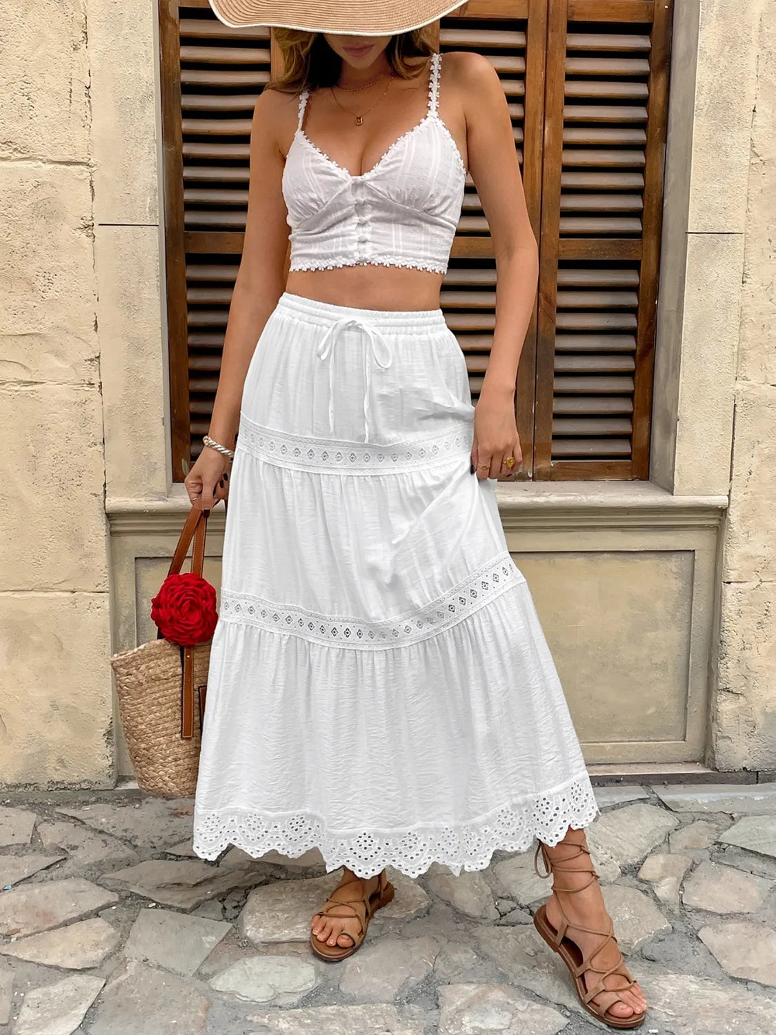 Women's Boho Tiered Maxi Skirt – Lace Trim Drawstring Waist Summer