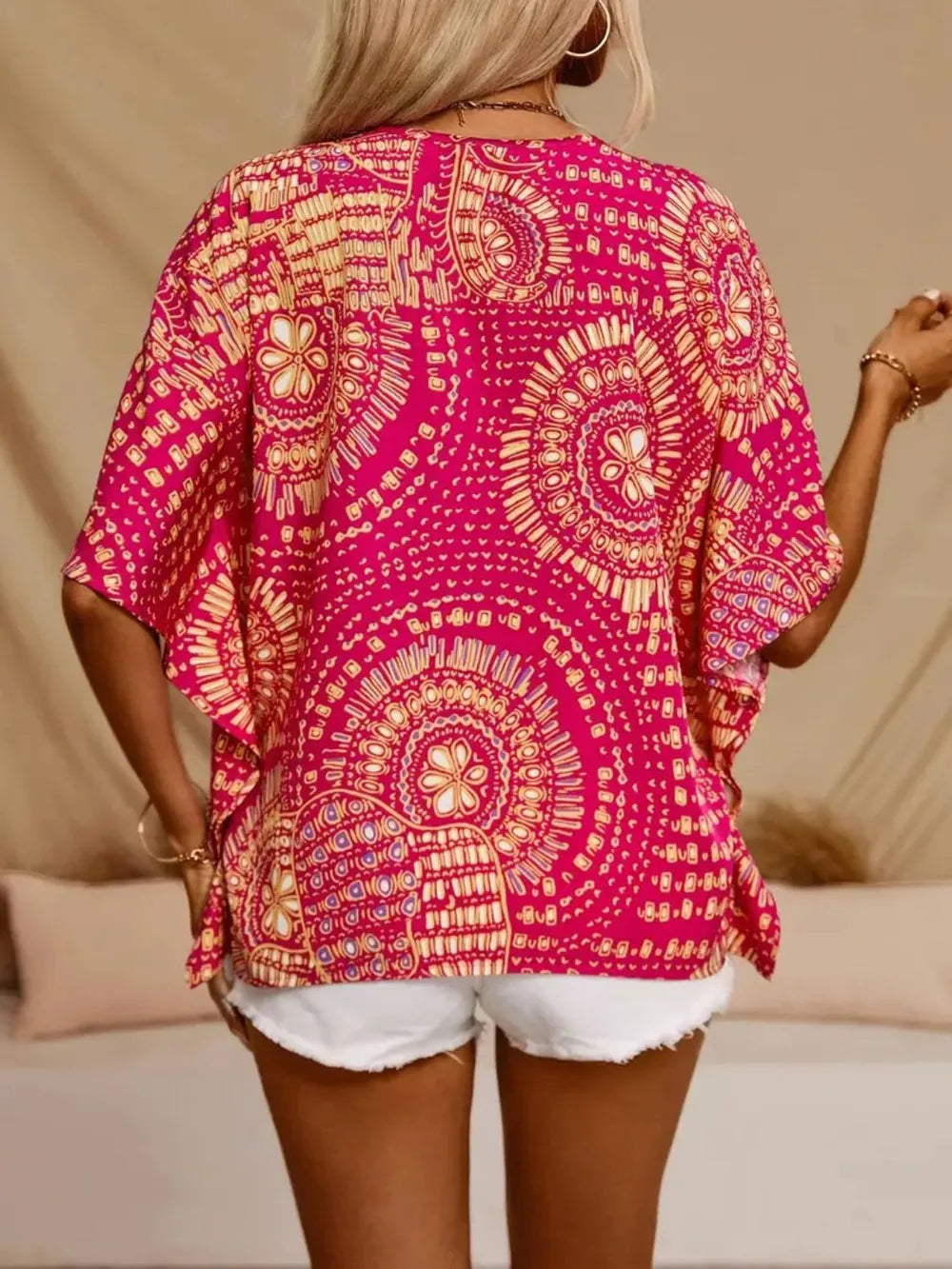 Women's Boho Tribal Print Blouse – V Neck Button Front Short Sleeve Summer