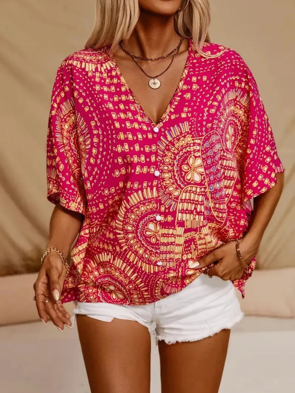 Women's Boho Tribal Print Blouse – V Neck Button Front Short Sleeve Summer