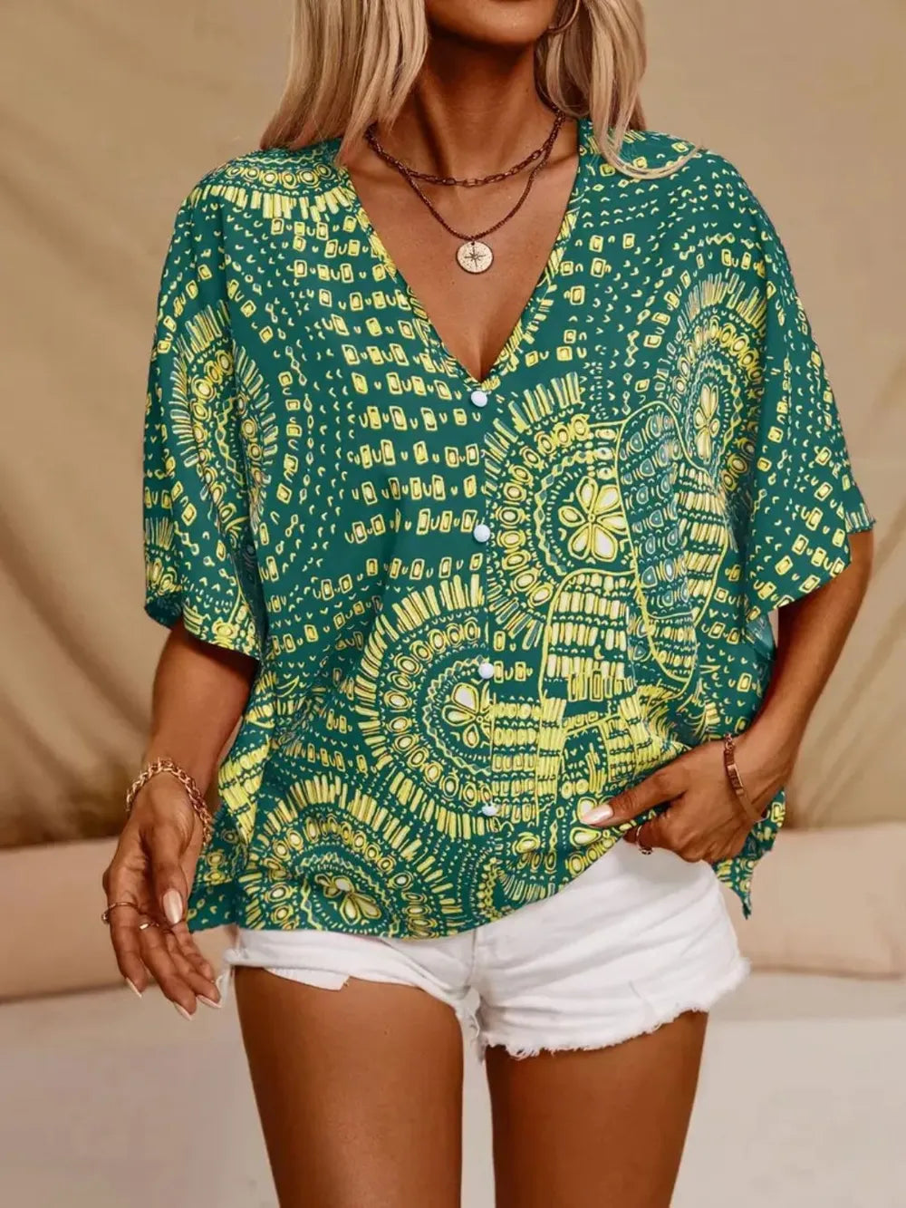 Women's Boho Tribal Print Blouse – V Neck Button Front Short Sleeve Summer