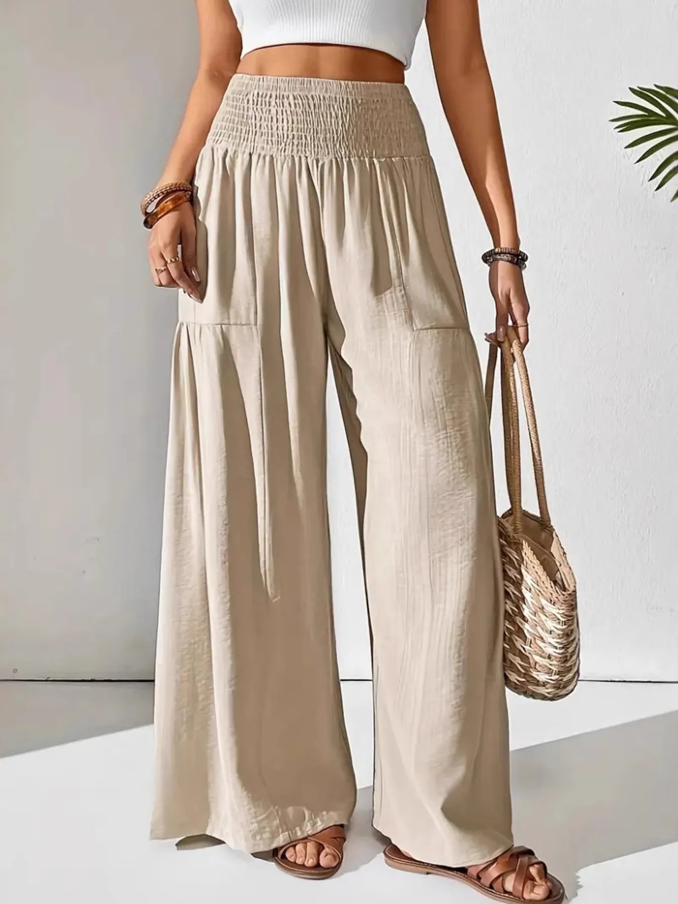 Women's Boho Wide Leg Pants – Smocked High Waist Pocket Summer Lounge
