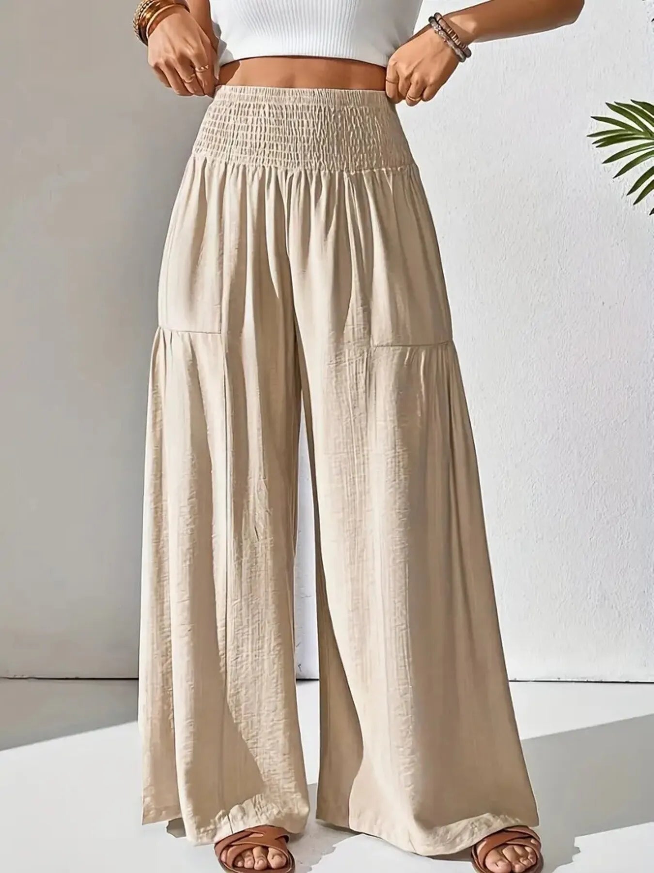 Women's Boho Wide Leg Pants – Smocked High Waist Pocket Summer Lounge
