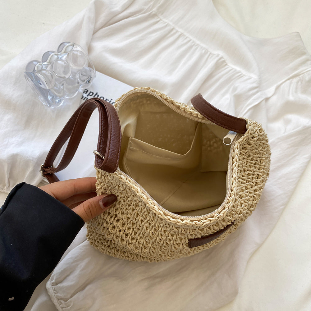 Women's Boho Woven Straw Crossbody Bag – Open Weave Bucket Summer Beach
