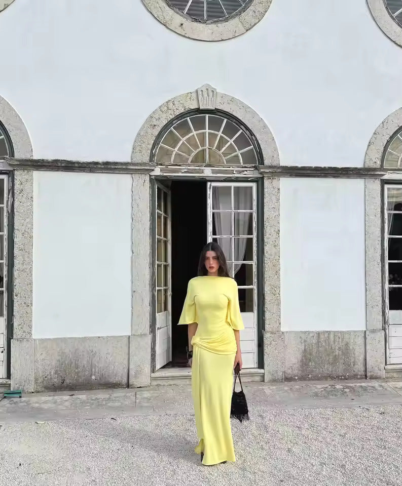 Women's Cape Sleeve Maxi Wedding Guest Dress – Ruched Hip Side Slit