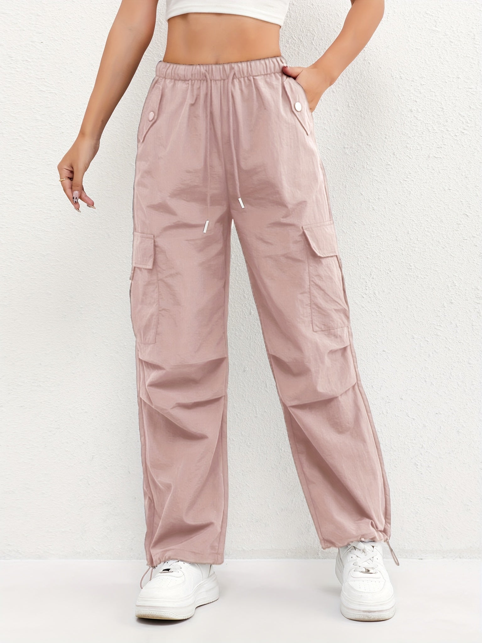 Women's Cargo Parachute Pants – High Waist Drawstring Flap Pocket Casual Street