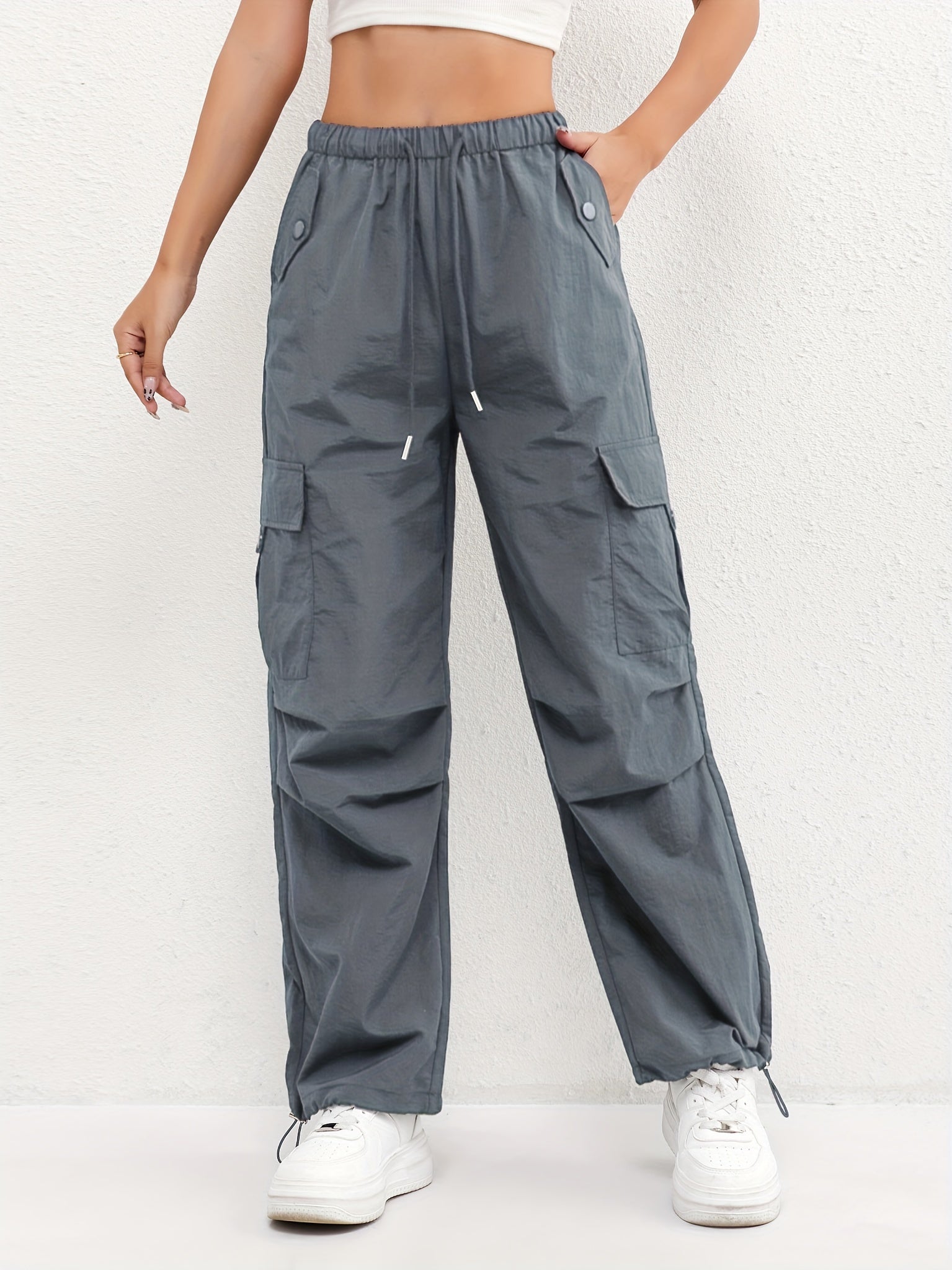 Women's Cargo Parachute Pants – High Waist Drawstring Flap Pocket Casual Street
