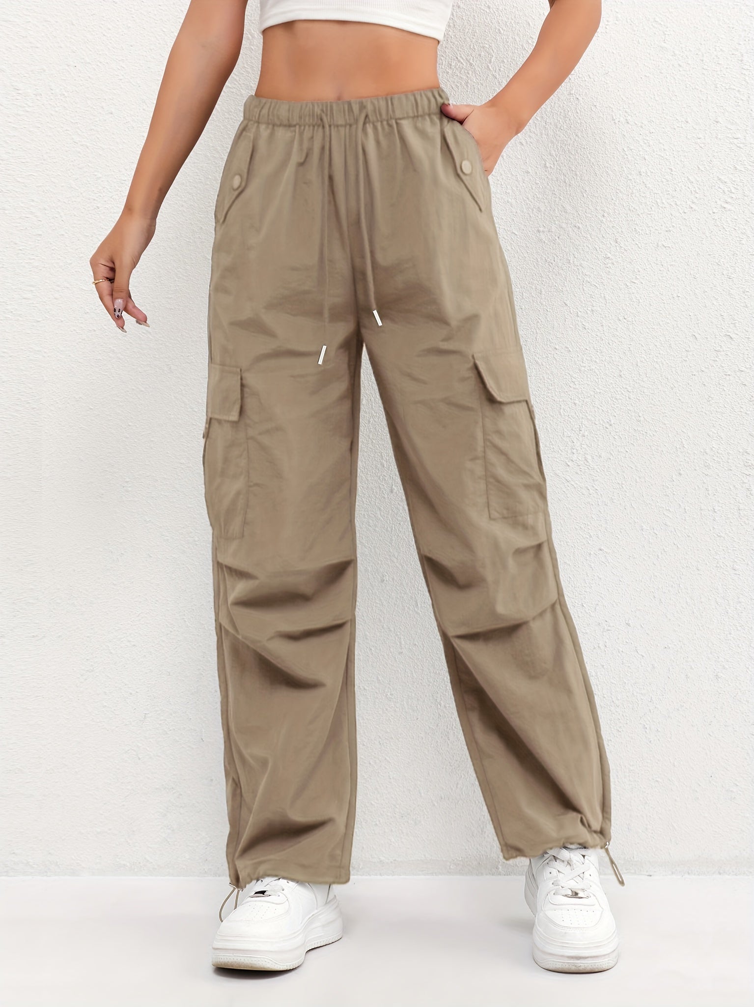 Women's Cargo Parachute Pants – High Waist Drawstring Flap Pocket Casual Street