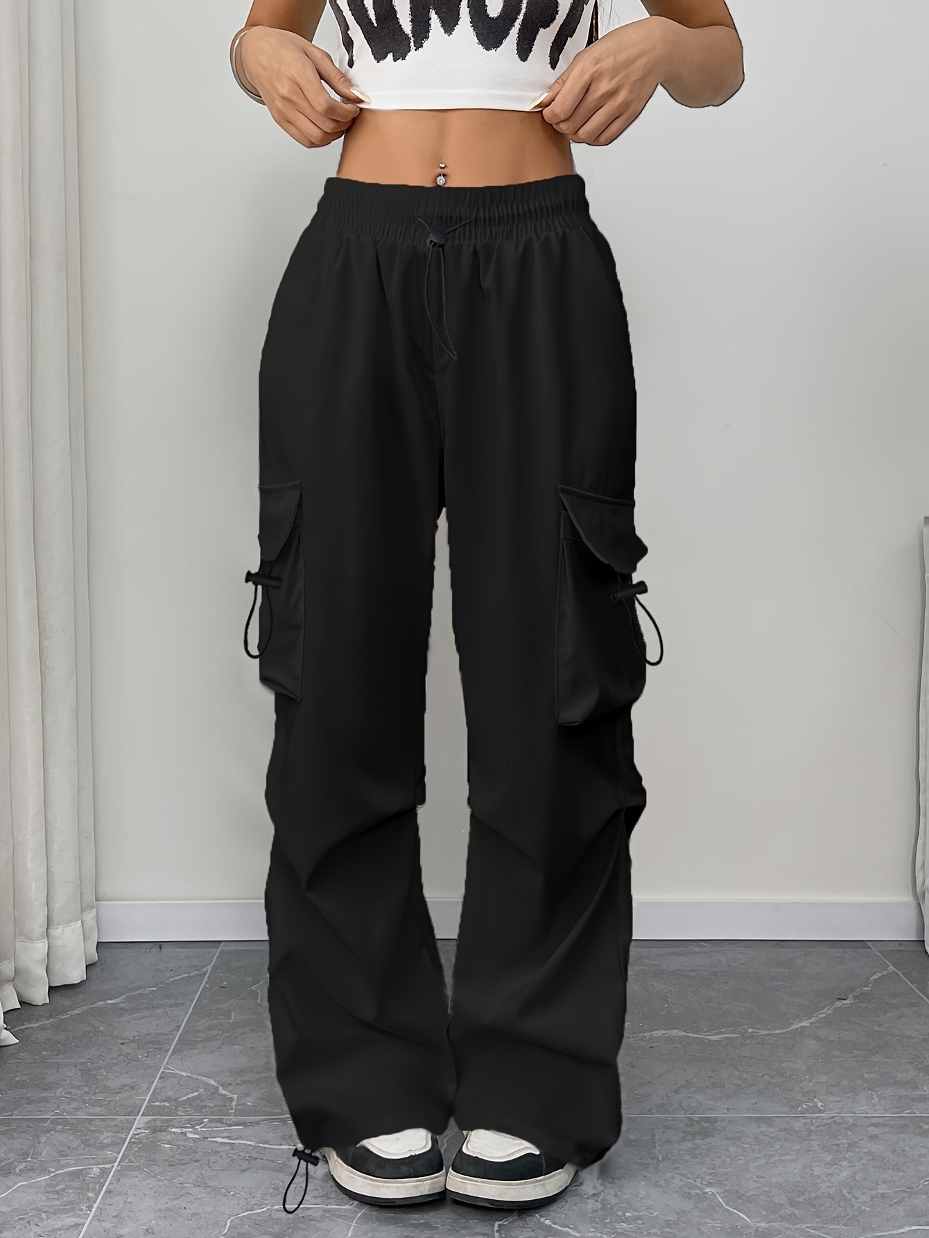 Women's Cargo Pocket Parachute Pants – High Waist Drawstring Wide Leg Street