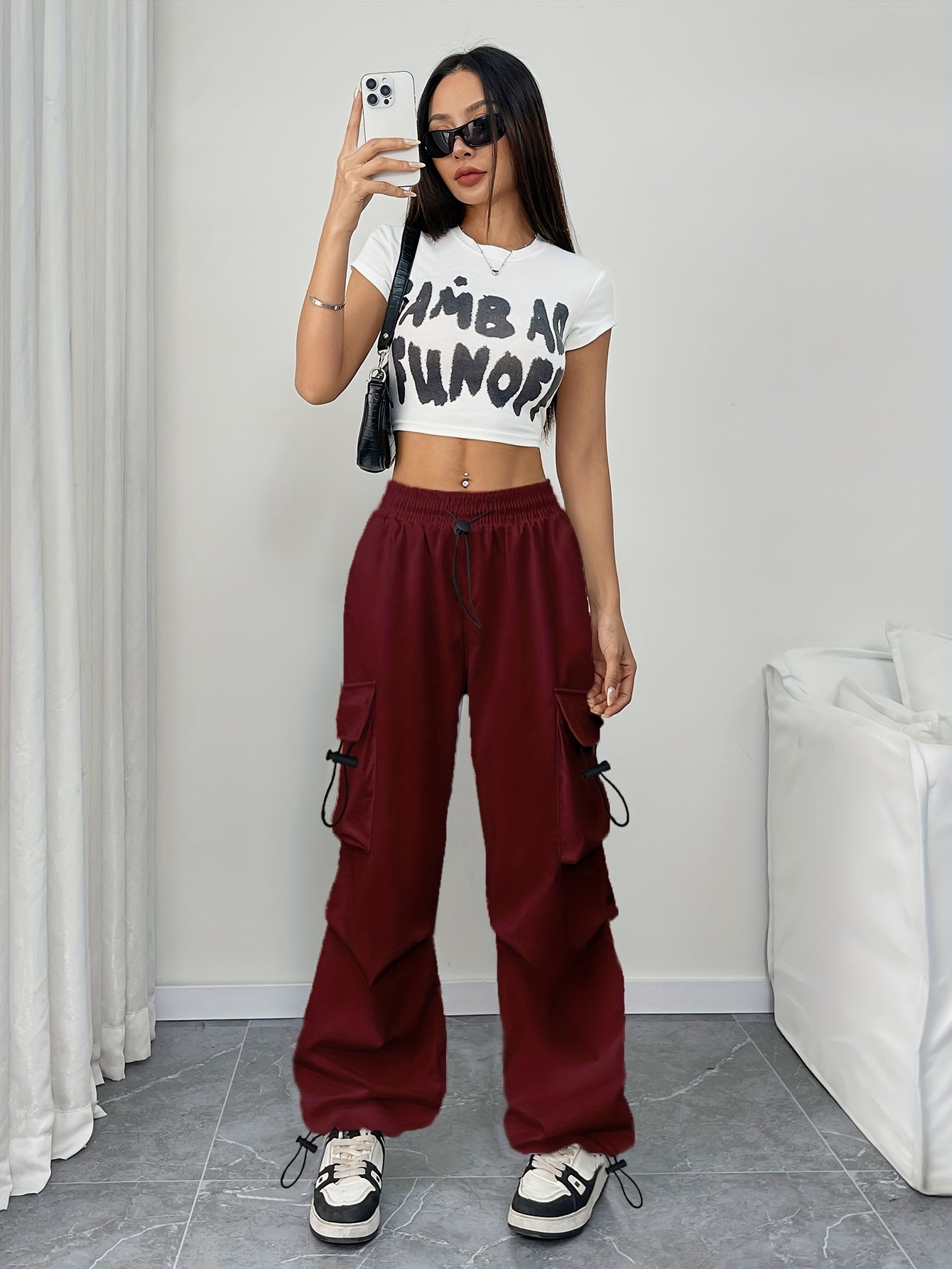 Women's Cargo Pocket Parachute Pants – High Waist Drawstring Wide Leg Street