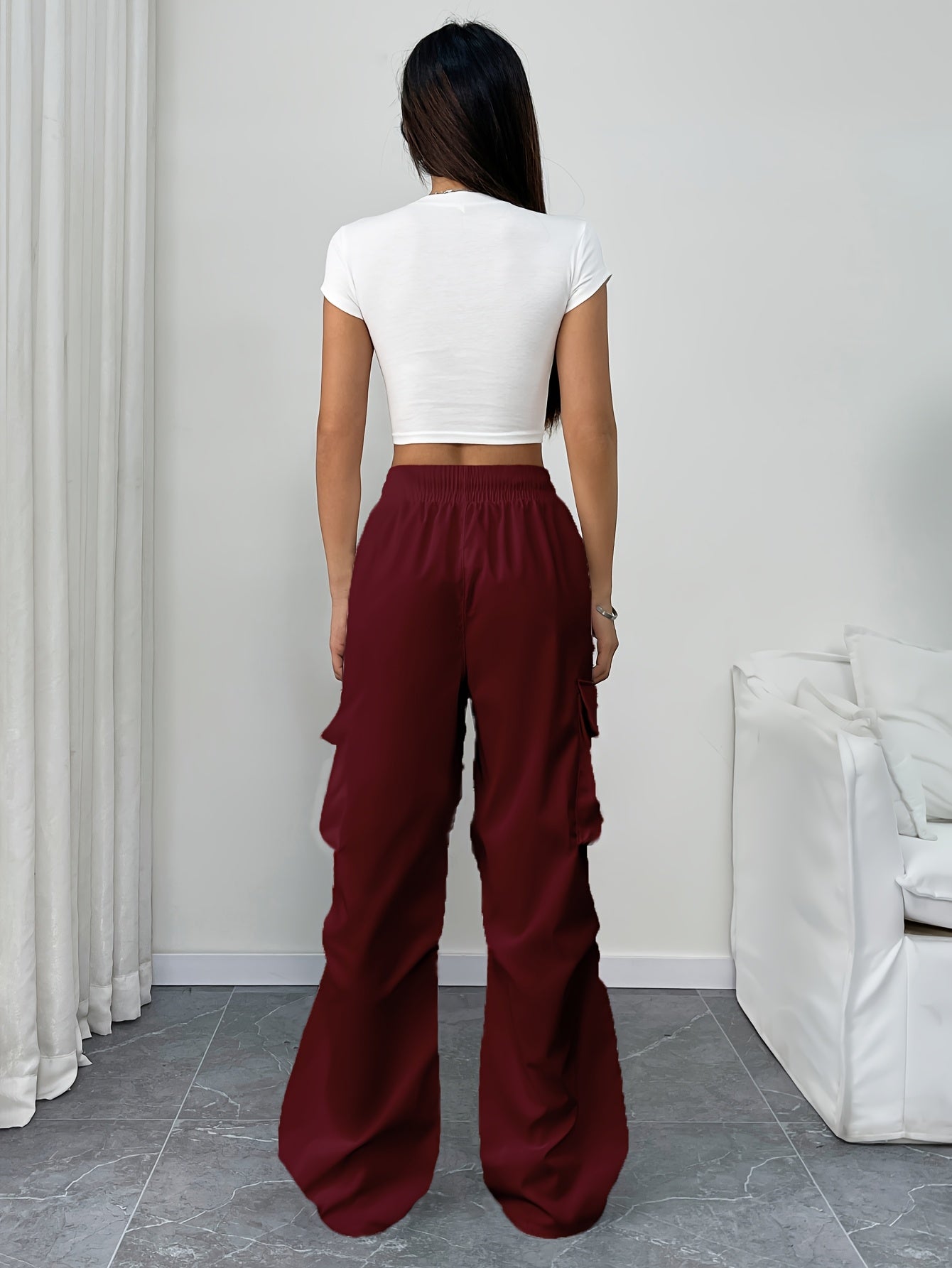 Women's Cargo Pocket Parachute Pants – High Waist Drawstring Wide Leg Street