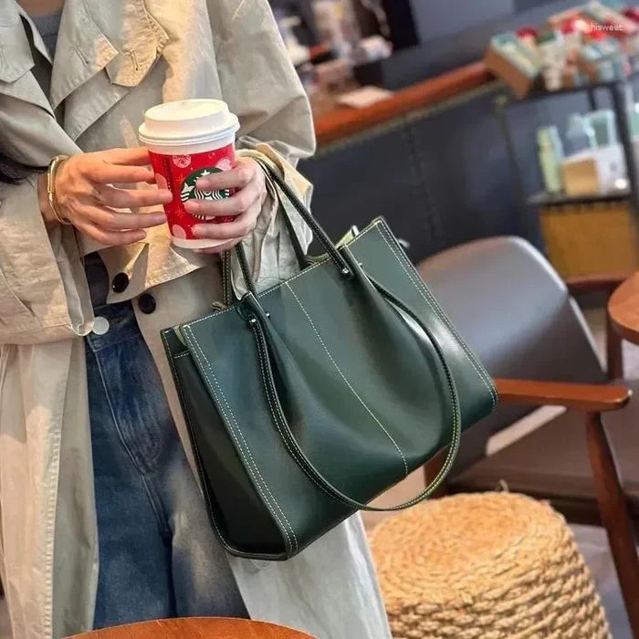Women's Carryall Shoulder Tote Bag – Zip Top Contrast Stitch Everyday