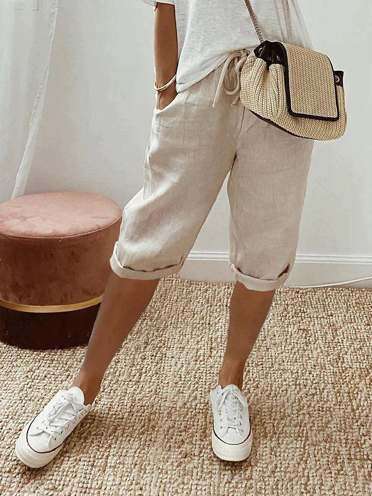Women's Casual Linen Capri Shorts – Drawstring Waist Rolled Cuff Pocket Summer
