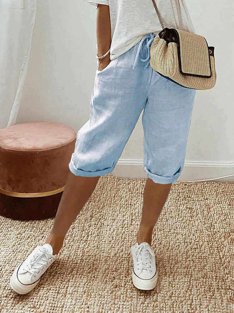 Women's Casual Linen Capri Shorts – Drawstring Waist Rolled Cuff Pocket Summer