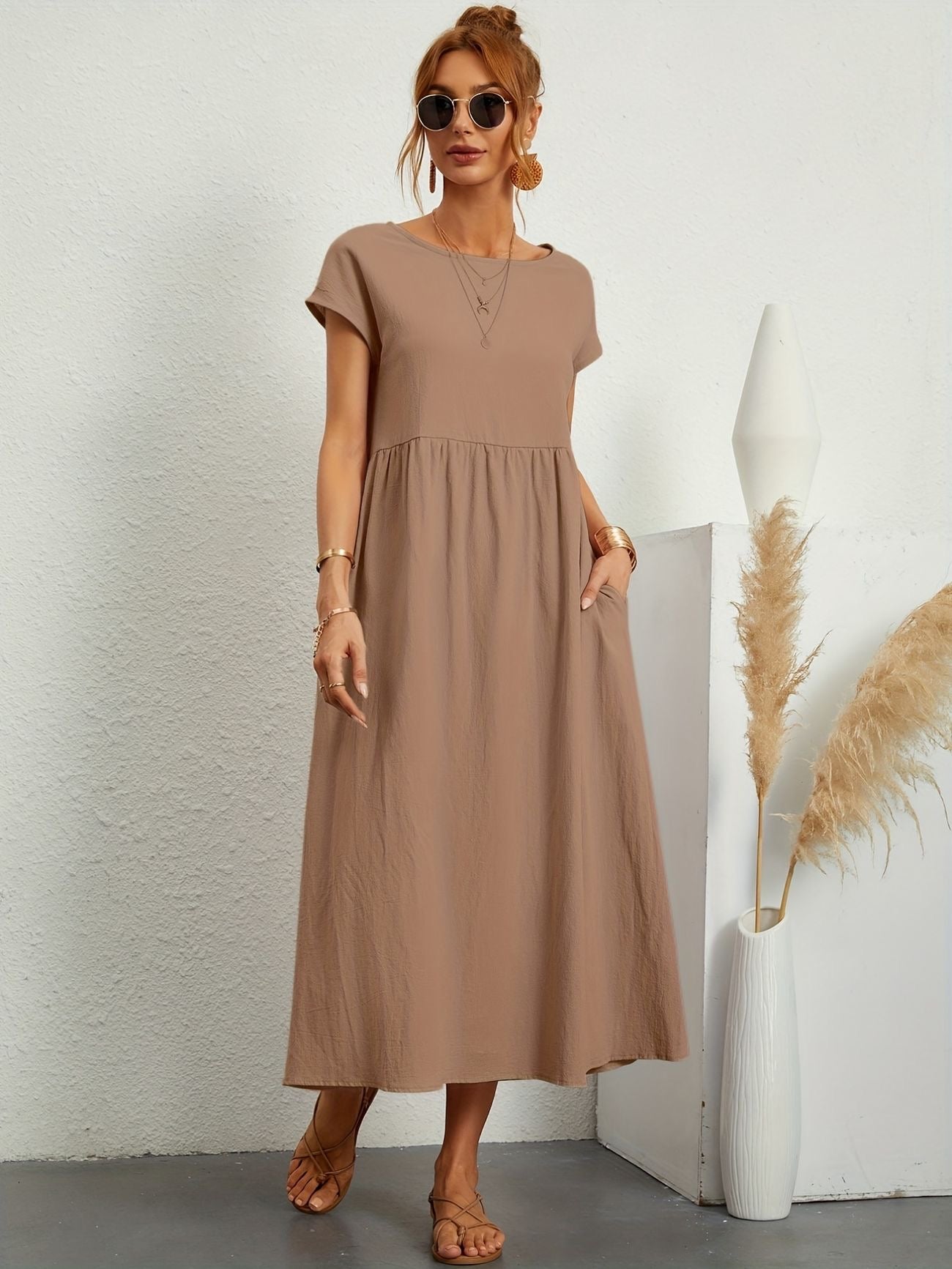 Women's Casual Midi Dress – Round Neck Short Sleeve Gathered Waist Summer