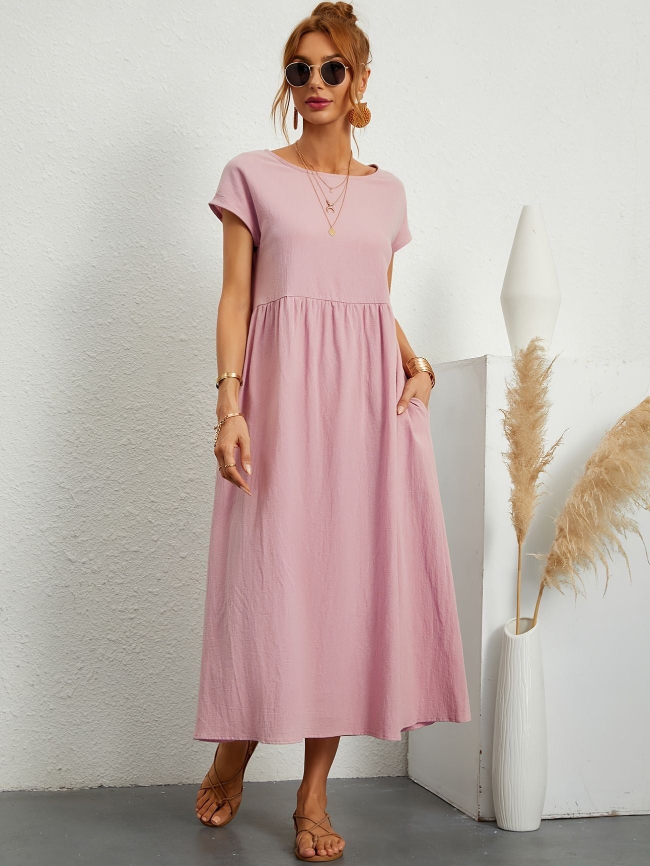Women's Casual Midi Dress – Round Neck Short Sleeve Gathered Waist Summer