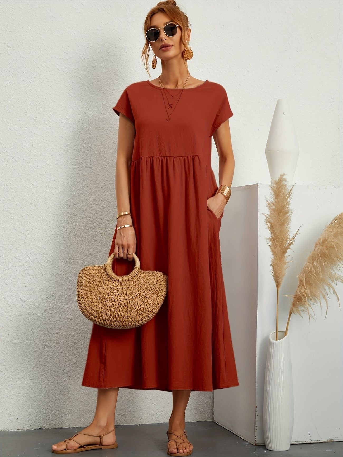 Women's Casual Midi Dress – Round Neck Short Sleeve Gathered Waist Summer