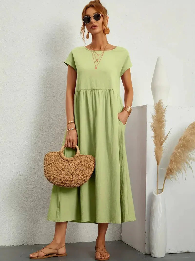 Women's Casual Midi Dress – Round Neck Short Sleeve Gathered Waist Summer