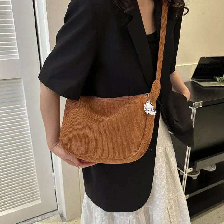 Women's Casual Ribbed Corduroy Shoulder Bag – Hobo Zip Charm Everyday