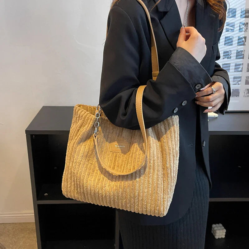 Women's Casual Ribbed Corduroy Shoulder Bag – Large Open Top Ring Strap Everyday