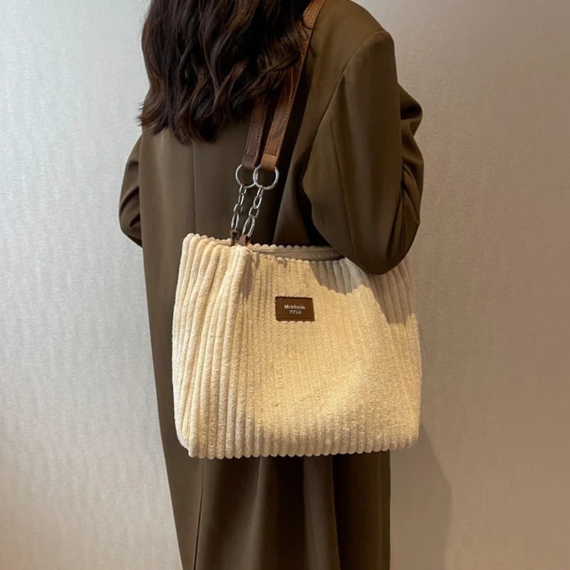 Women's Casual Ribbed Corduroy Shoulder Bag – Large Open Top Ring Strap Everyday