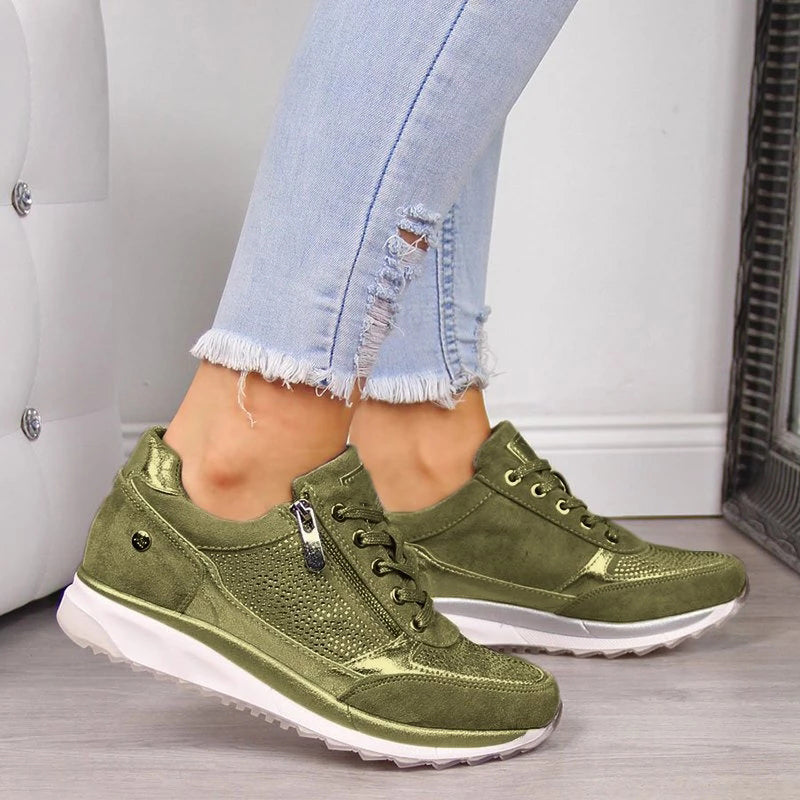 Women's Casual Textured Sneakers – Lace Up Side Zip Everyday Walking