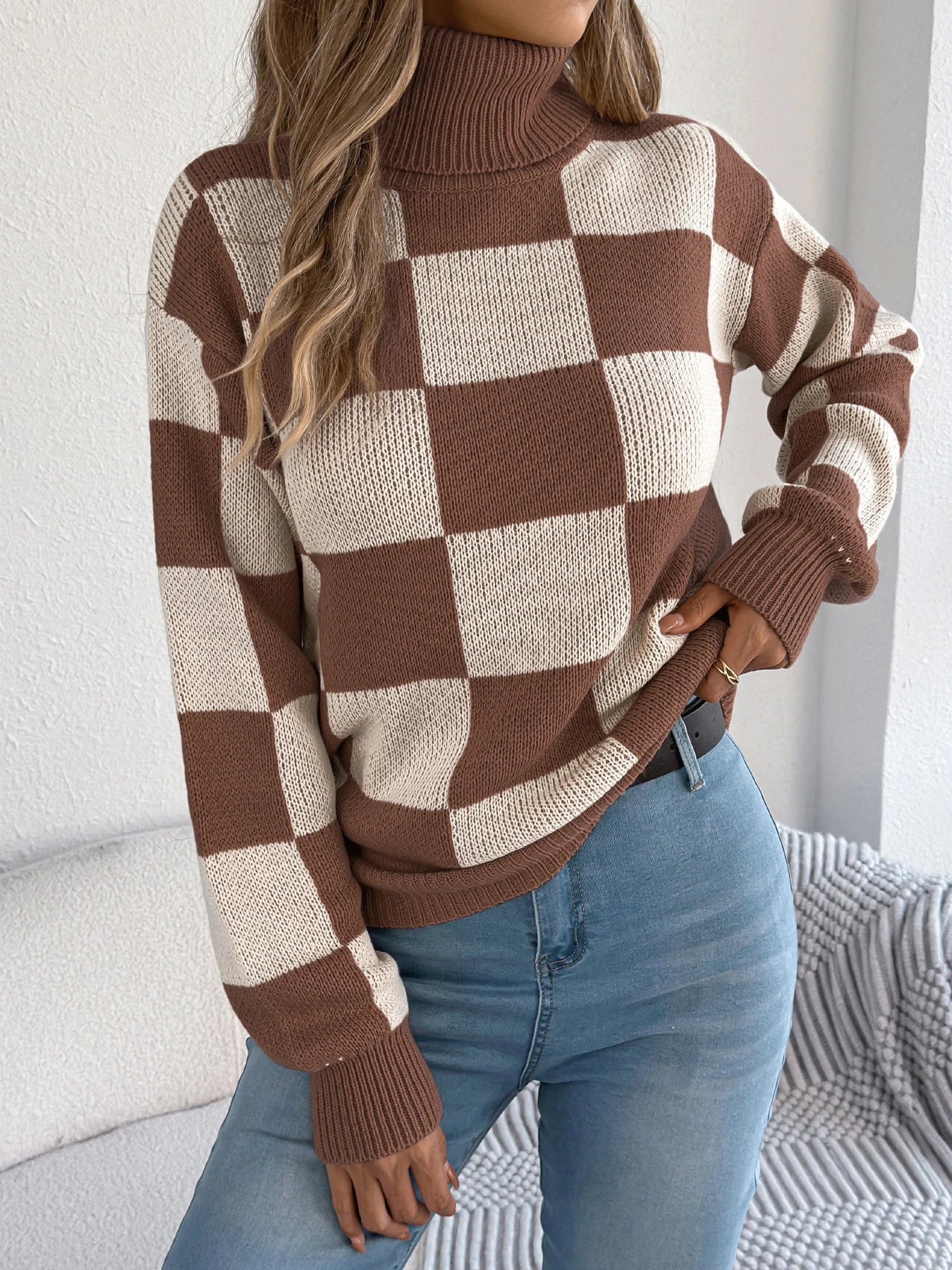 Women's Checkered Turtleneck Sweater – Long Sleeve Knit Vacation