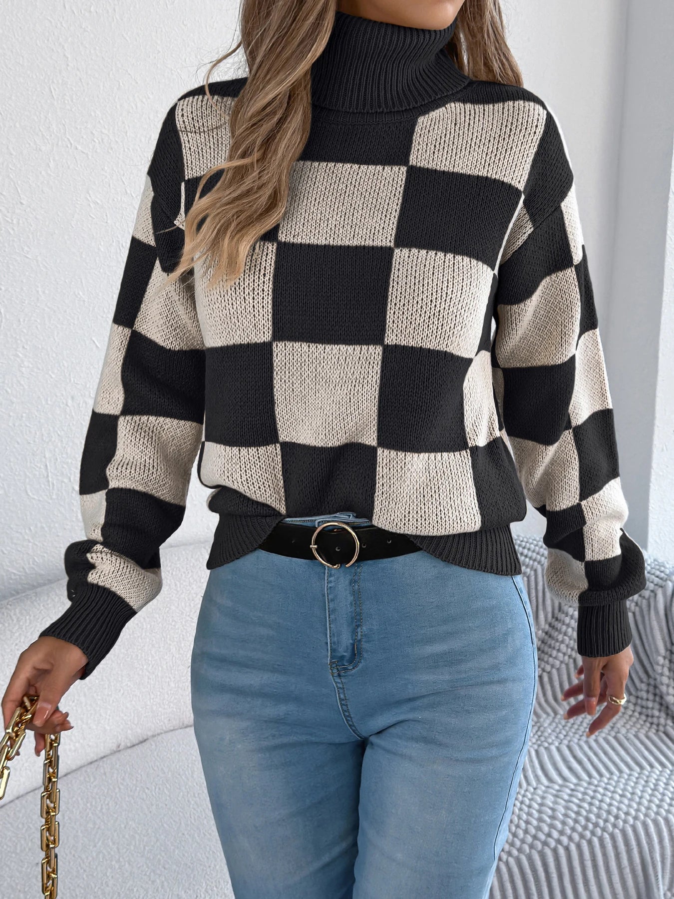 Women's Checkered Turtleneck Sweater – Long Sleeve Knit Vacation