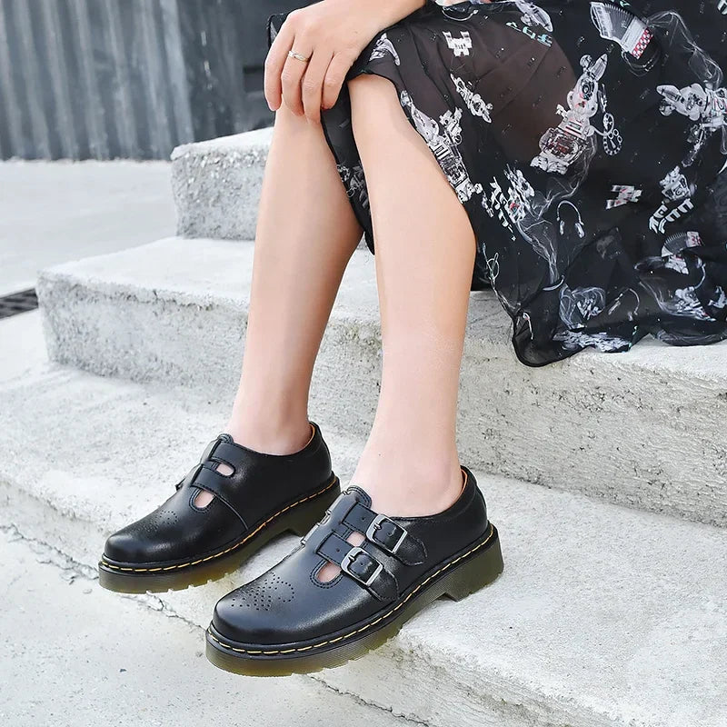 Women's Closed Toe Mary Jane Shoes – Double Buckle Strap Cut Out Round Toe Flat