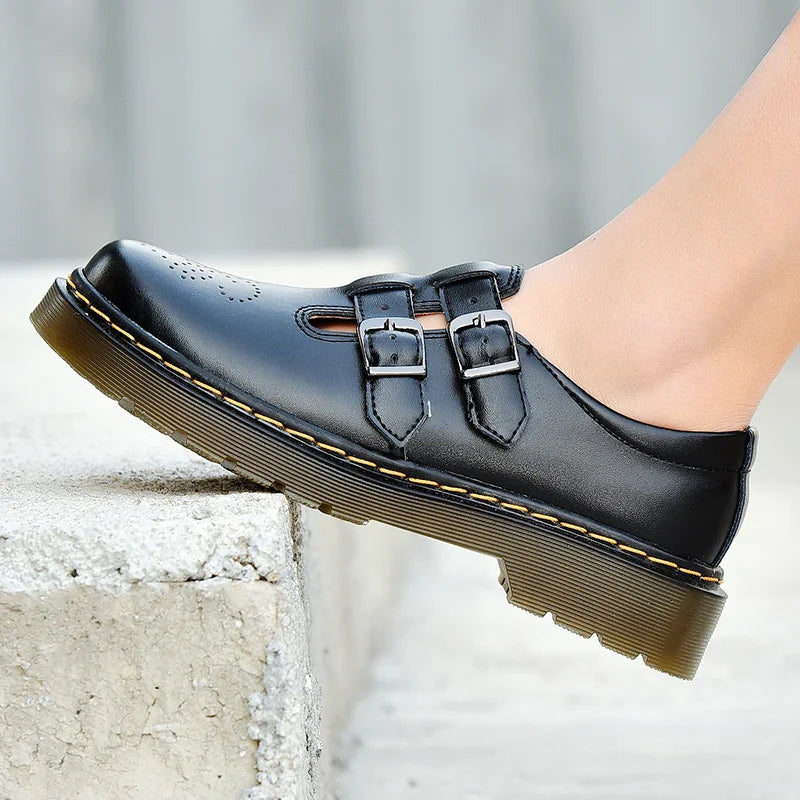 Women's Closed Toe Mary Jane Shoes – Double Buckle Strap Cut Out Round Toe Flat