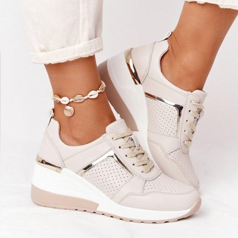 Women's Closed Toe Platform Sneakers – Lace Up Foil Panel Wedge Casual